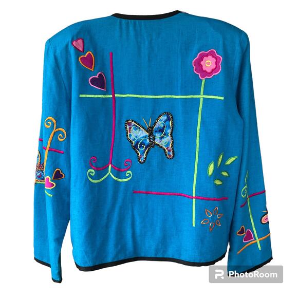 VTG Draper's & Damon's Button Up Jacket Applique Flowers Butterflies Petite M - Picture 5 of 11
